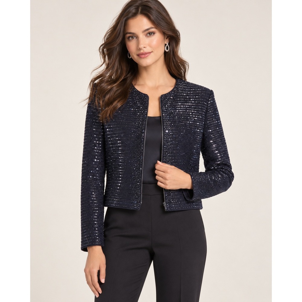 Vintage St. John Evening Knit Sequin Embellished Zip Up Jacket Black Size 8 Rare